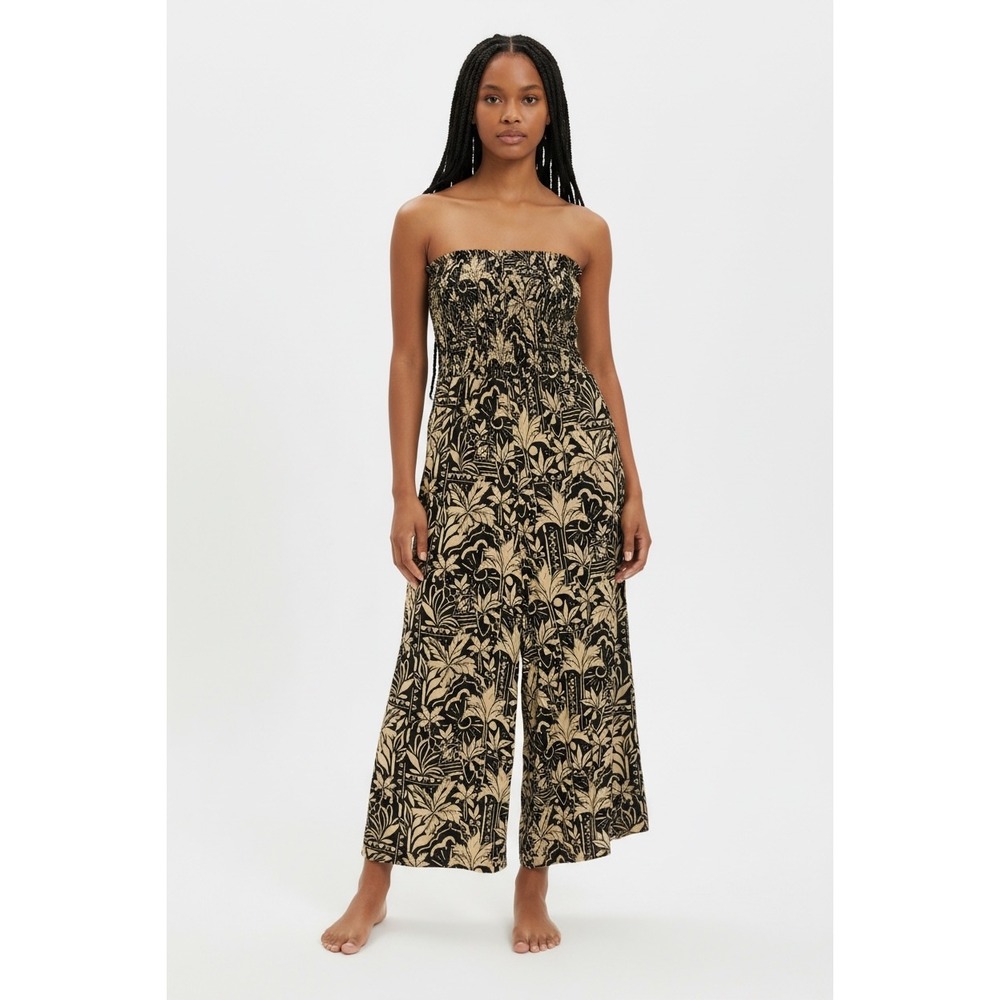Tropical Palm Print Strapless Smocked Wide Leg Jumpsuit Black Cream SZ Small